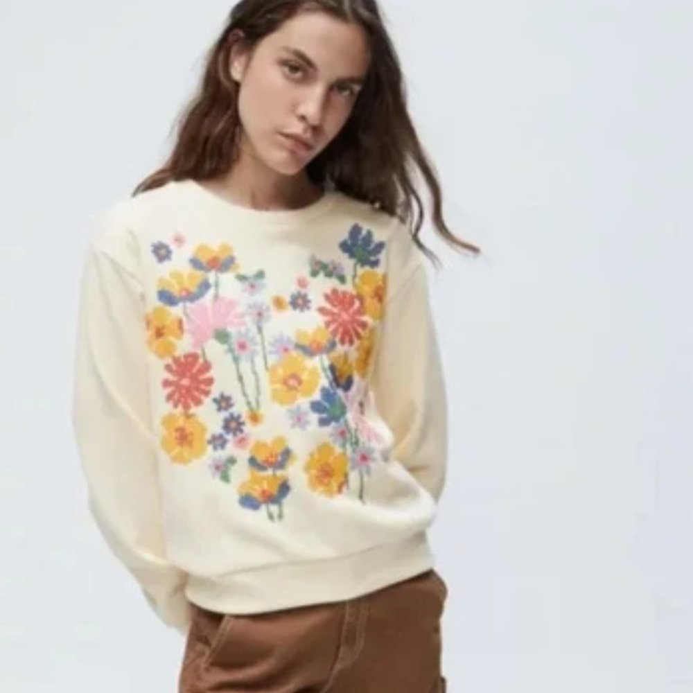 Zara Embroidered Garden Cream Sweatshirt - Large